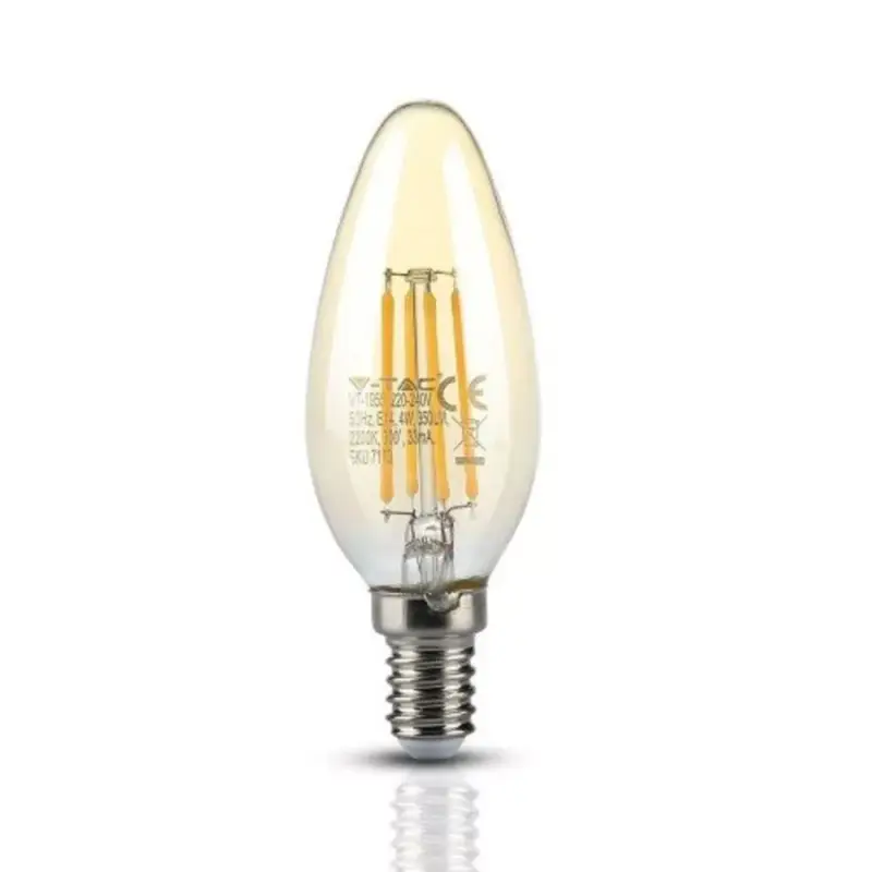 Legnépszerűbb LED lámpa , égő , izzószálas hatás , filament , gyertya , E14 foglalat , 4 Watt , meleg fehér , borostyán sárga