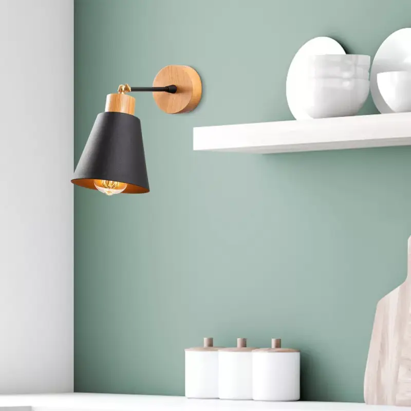Exkluzív ajánlat Modern fali lámpa fém házzal és fa talppal, fekete és tölgy, 14 cm átmérő, 25 cm magasság | E27 aljzat, max 40W | Stílusos ipari és skandináv design otthoni és irodai világításhoz