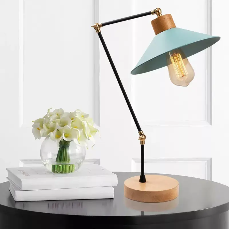 Kedvezményes ár Modern asztali lámpa fém testtel és fa talppal, türkiz, 52 cm magas | 24 cm átmérőjű árnyékoló, E27 aljzat (max. 40 W) | Stílusos és funkcionális világítás otthoni és irodai használatra, 200 cm-es kábelhossz