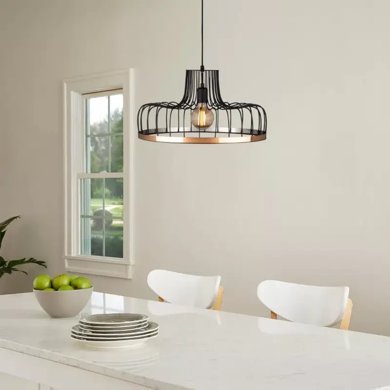Ipari csillár, fekete és réz, 53 cm átmérő, 124 cm magasság | Állítható magasságú, E27 aljzat (max. 40W) | Stílusos fém ház, tökéletes modern otthoni és irodai dekorációhoz, IP20 besorolású Szuper akció