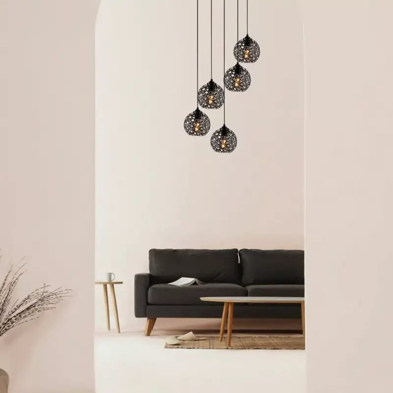 Szezonális akció Modern fekete csillár, 60 cm átmérő, állítható magasság 111 cm | Fém ház, 5 x E27 Max 40W | Elegáns dizájn otthoni és irodai használatra, IP20-as besorolású, stílusos lámpatest bármilyen helyre