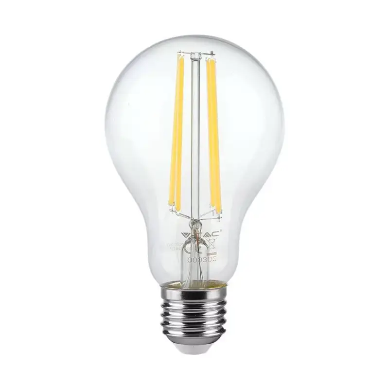 LED izzó átlátszó filament E27, 12w, 3000K, meleg fehér, 1521lm, 300°, CRI>80, V-TAC, 217458 Vásárlói kedvenc