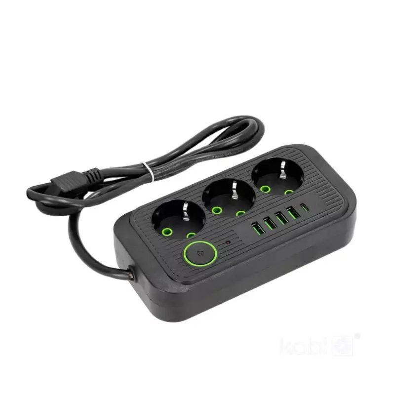 KOBI LINEA PRO hosszabbító kábel 3 aljzat+4USB/1USB-C/1.5m/Zu+W fekete KOBI-001923 Expressz kézbesítés