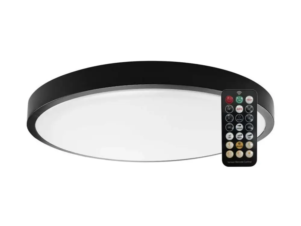 Különleges ajánlat Fekete falon kívüli LED lámpa Plano kerek 295mm 18W IP44 Premium MW mozgásérzékelővel és távirányítóval