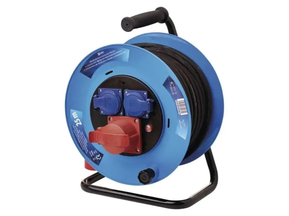Fekete kültéri hosszabbító kábel dobon 25m, 3 aljzat, gumi, 230V/400V, 1,5mm2 Outlet