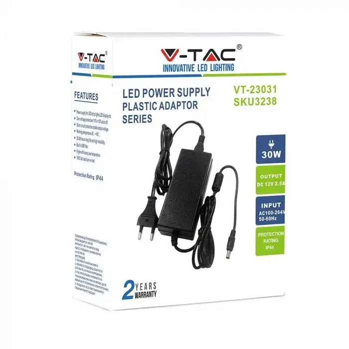 Ne maradj le V-TAC LED Műanyagházas dugvillás tápegység 30W 2.5A 12V IP44 - 3238