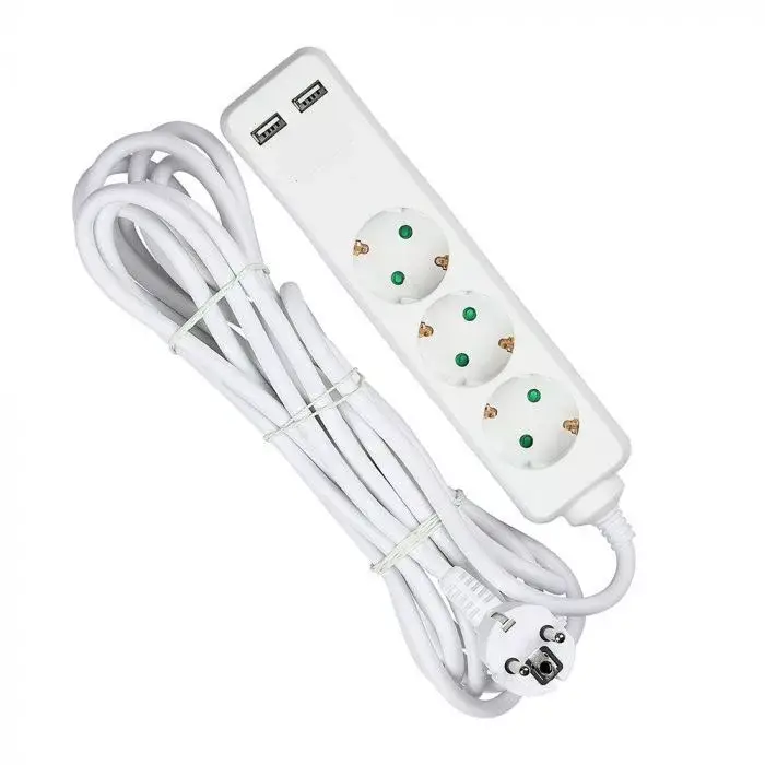 V-TAC Hosszabbító kapcsolóval 3 csatlakozós 2 USB csatlakozóval 5m kábel fehér színű - 8775 Akció