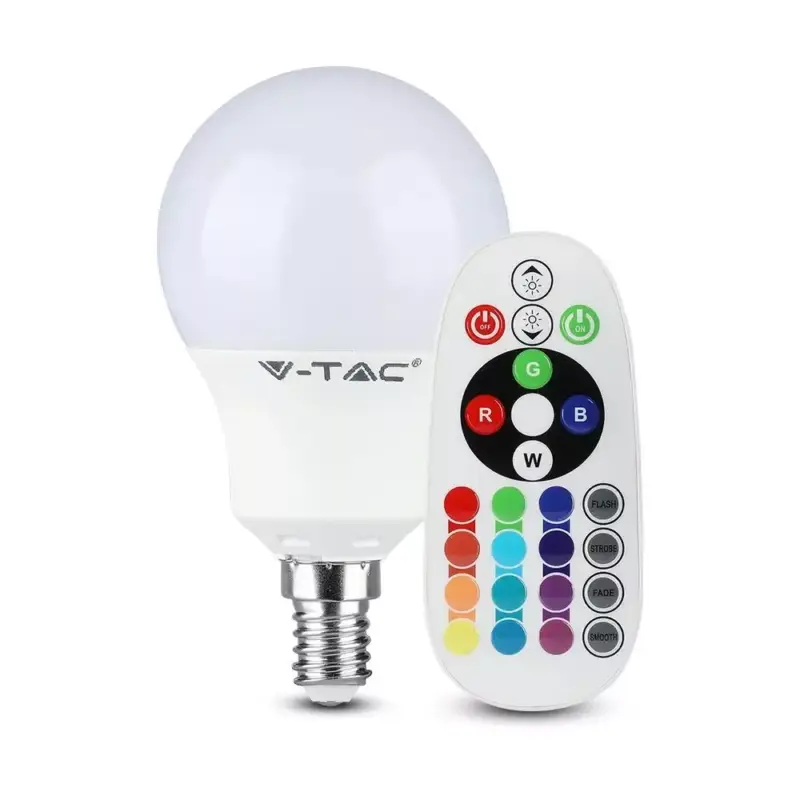 V-TAC LED izzóinfra távirányítóval E14 P45 4.8W 180° RGB + 3000K kisgömb - 212775 Expressz kézbesítés