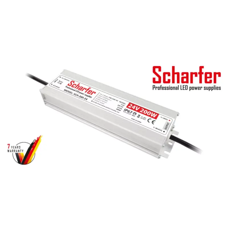 Szezonális akció Scharfer LED Fémházas szerelhető vízálló tápegység 200W 8,33A 24V IP67 - SCH-200-24