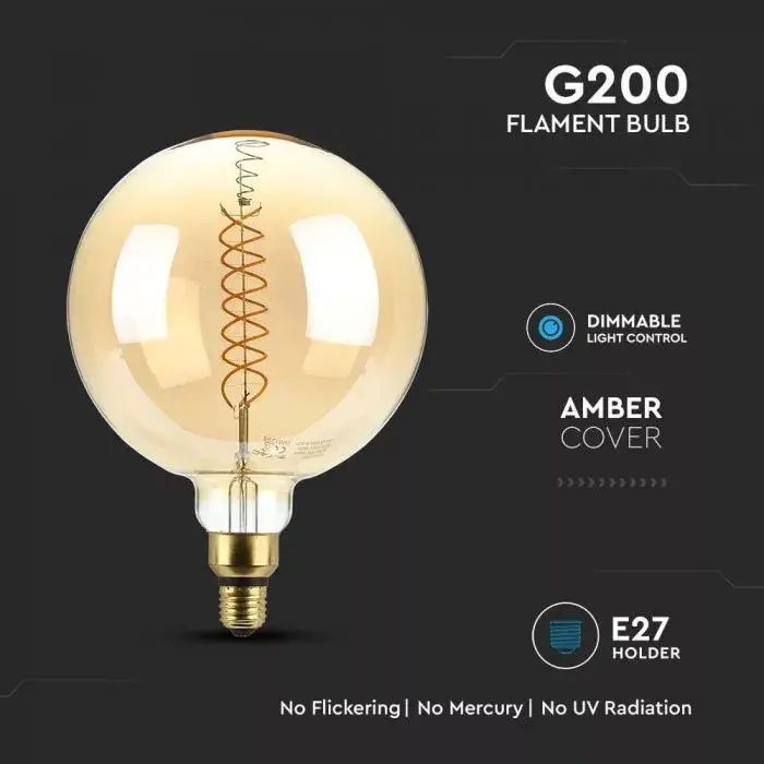 Utolsó esély V-TAC Dimmelhető borostyán LED izzó filament COGE27 G200 8W 1800K nagygömb - 217462