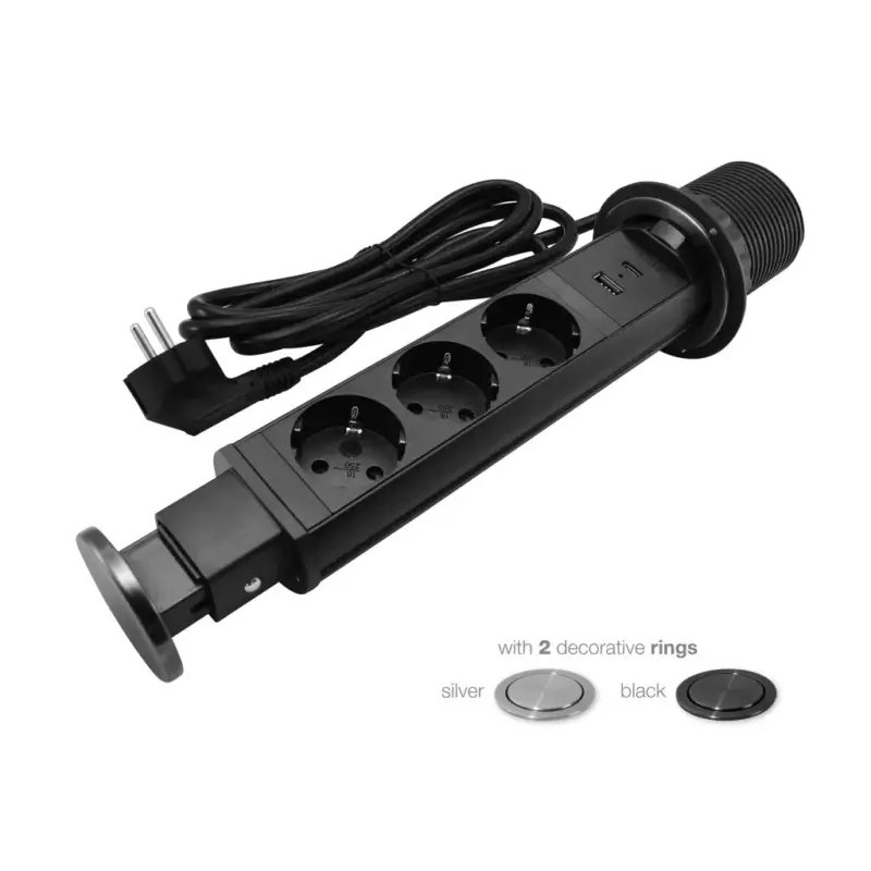 Rendeld meg most Commel bútorba építhető elosztó 3680W 3x16A 1xUSB A+C 250V 2m fekete+szürke gyűrűvel - 235-121