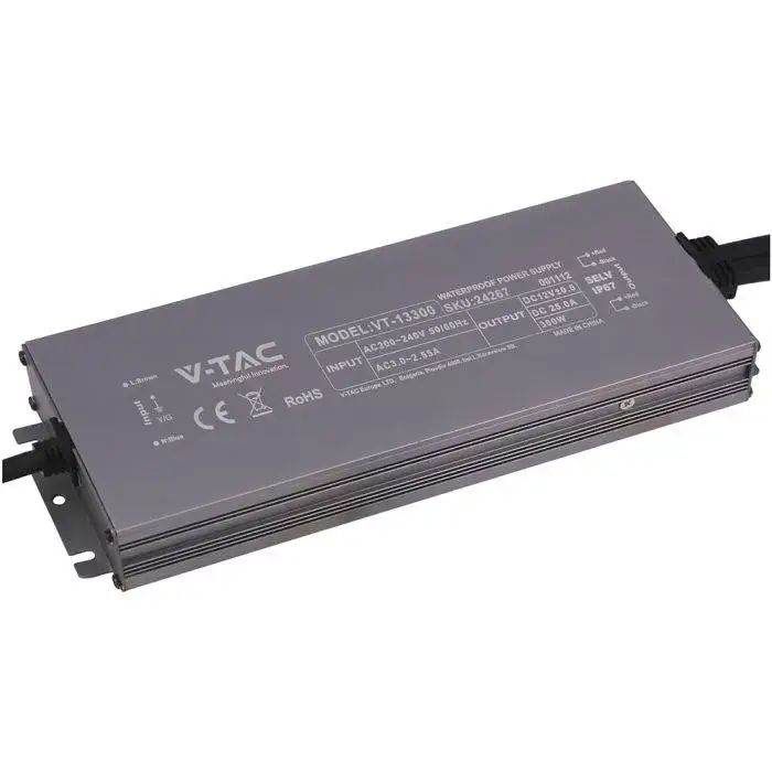 V-TAC LED Fémházas szerelhető vízálló tápegység 300W 12.5A 24V IP67 - 24248 Akció