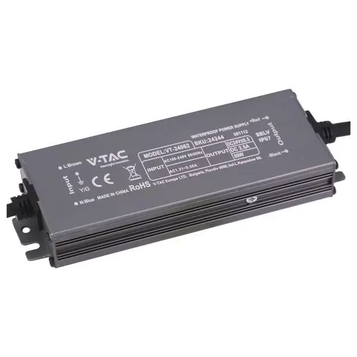 V-TAC LED Fémházas szerelhető vízálló tápegység 60W 2.5A 24V IP67 - 24244 Gyors szállítás