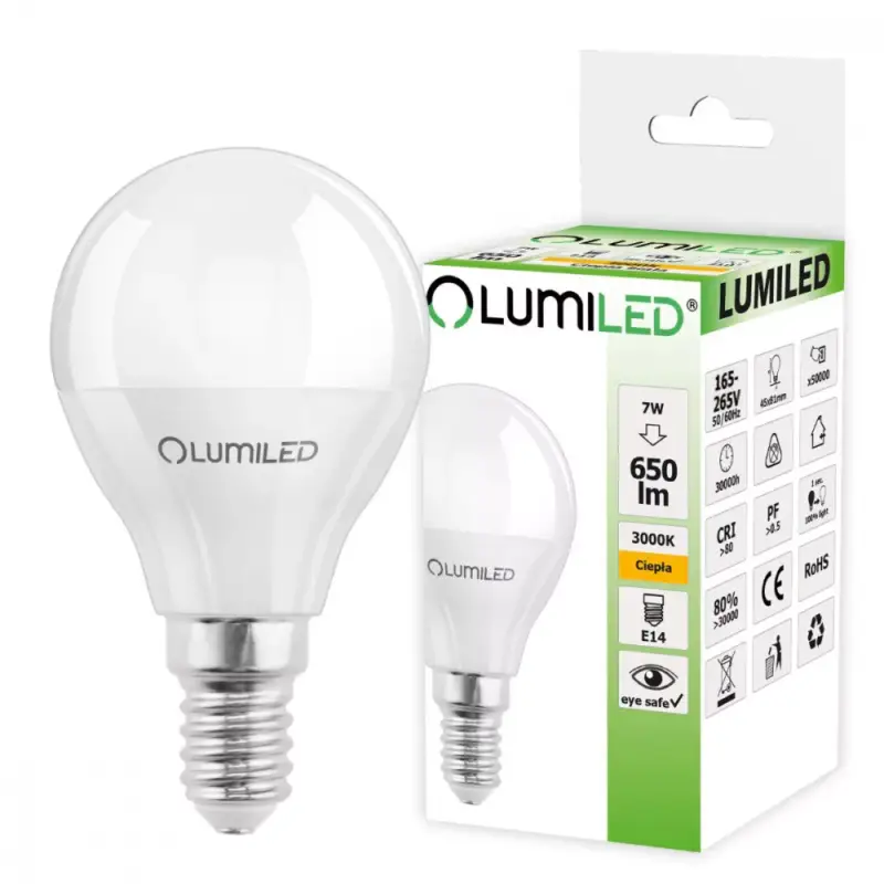 Azonnal elérhető E14 P45 LED izzó 7W = 60W 650lm 3000K Meleg 180° LUMILED