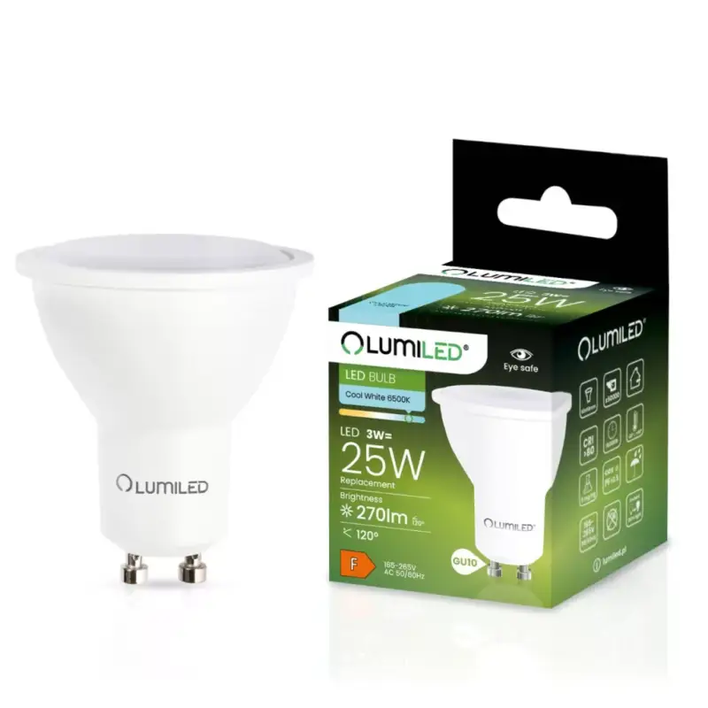 Azonnali szállítás GU10 LED izzó 3W = 25W 270lm 6500K hideg 120° LUMILED