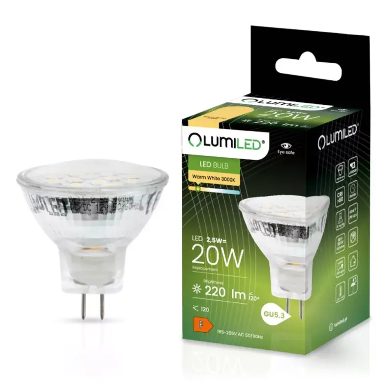 LED izzó MR11 2.5W = 20W 220lm 3000K120° LUMILED Azonnali szállítás