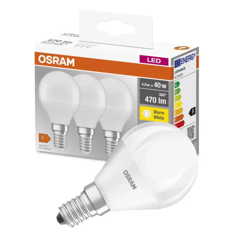 Végkiárusítás 3db LED izzó Gömb E14 P45 5W = 40W 470lm 2700K 300° OSRAM