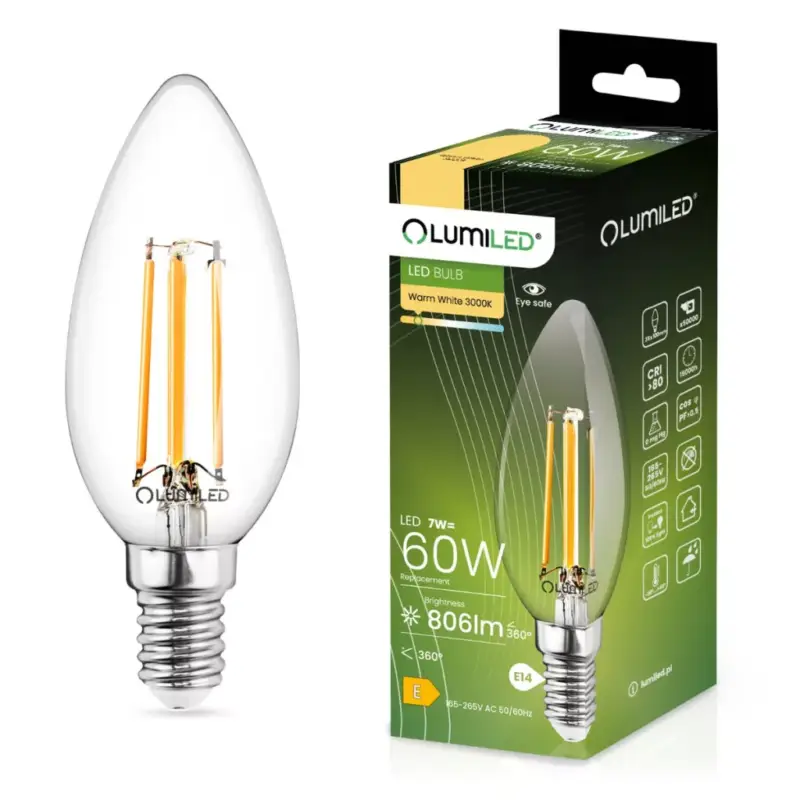 Akció E14 B35 LED izzó 7W = 60W 806lm 3000K 360° LUMILED izzószál