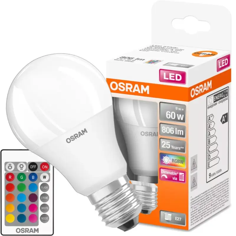 Népszerű E27 A60 LED izzó 9W = 60W 806lm RGBW 180° OSRAM Star + REMOTE