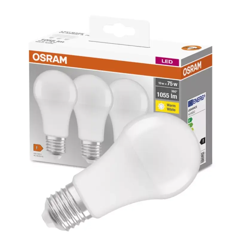 Vásárlói kedvenc 3db LED izzó E27 A60 10W = 75W 1055lm 2700K200° OSRAM