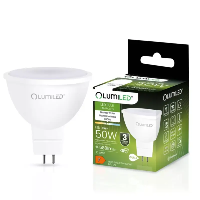 Vásárlói kedvenc GU5.3 MR16 LED izzó 6W = 50W 580lm 4000K Semleges 120° 12V AC/DC LUMILED