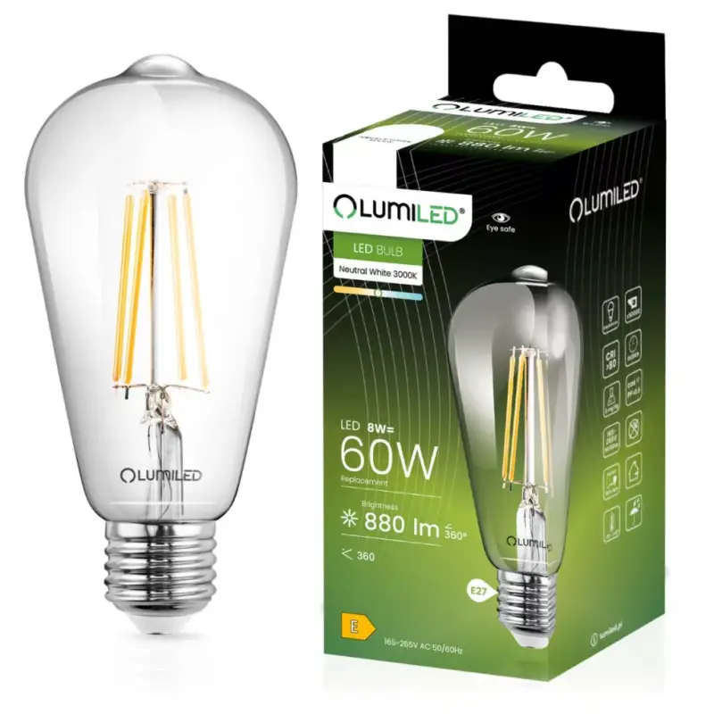 Vásárlói kedvenc E27 ST64 LED izzó 8W = 60W 880lm 4000K semleges 360° LUMILED izzószál