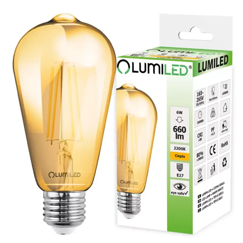 E27 ST64 LED izzó 6W = 50W 660lm 2200K 360° LUMILED izzószál Szuper ajánlat