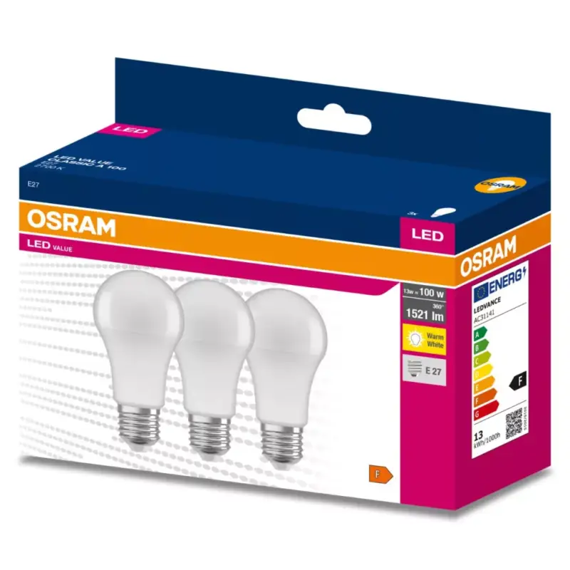 Ajánlat 3db LED izzó E27 A60 13W = 100W 1521lm 2700K meleg OSRAM érték