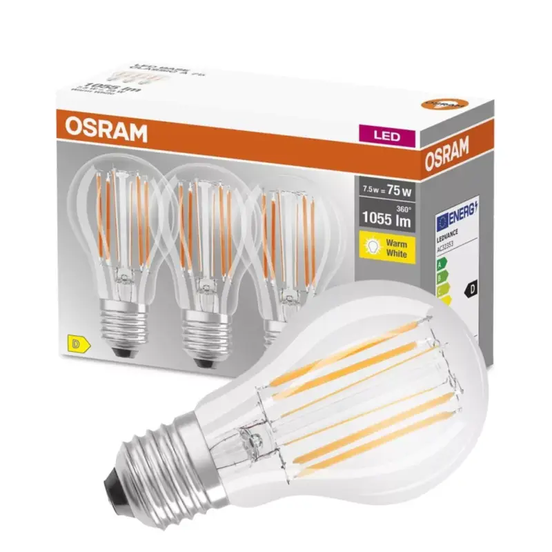 3db LED izzó E27 A60 CL 7.5W = 75W 1055lm 2700K300° Izzószál OSRAM Nézd meg most
