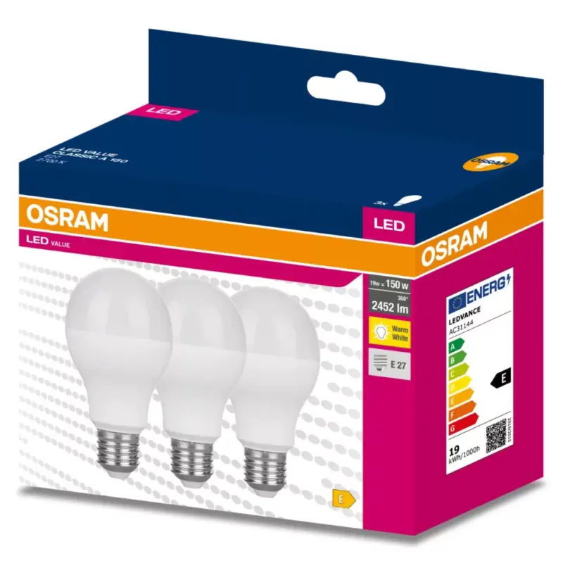 Kihagyhatatlan ajánlat 3db LED izzó E27 A60 19W = 150W 2452lm 2700K200° OSRAM