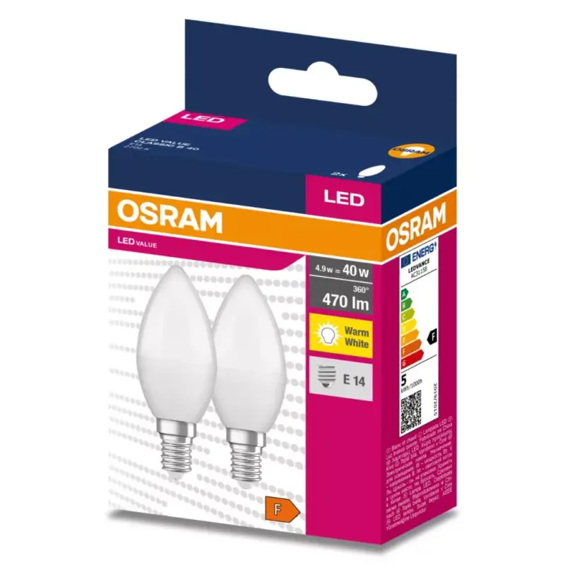 2db LED izzó E14 B35 4.9W = 40W 470lm 2700K Meleg 220° OSRAM ÉRTÉK Népszerű