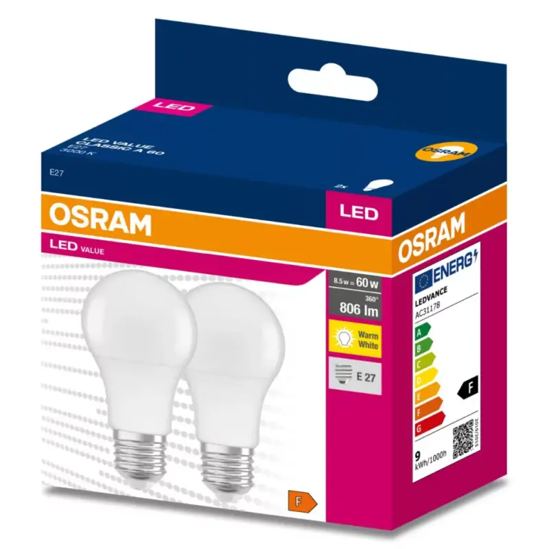 Szezonális akció 2db LED izzó E27 A60 8.5W = 60W 806lm 3000K200° OSRAM ÉRTÉK
