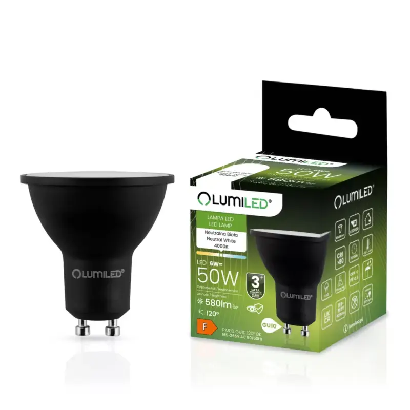 Bestseller GU10 LED izzó 6W = 60W 580lm 4000K semleges 120° fekete LUMILED
