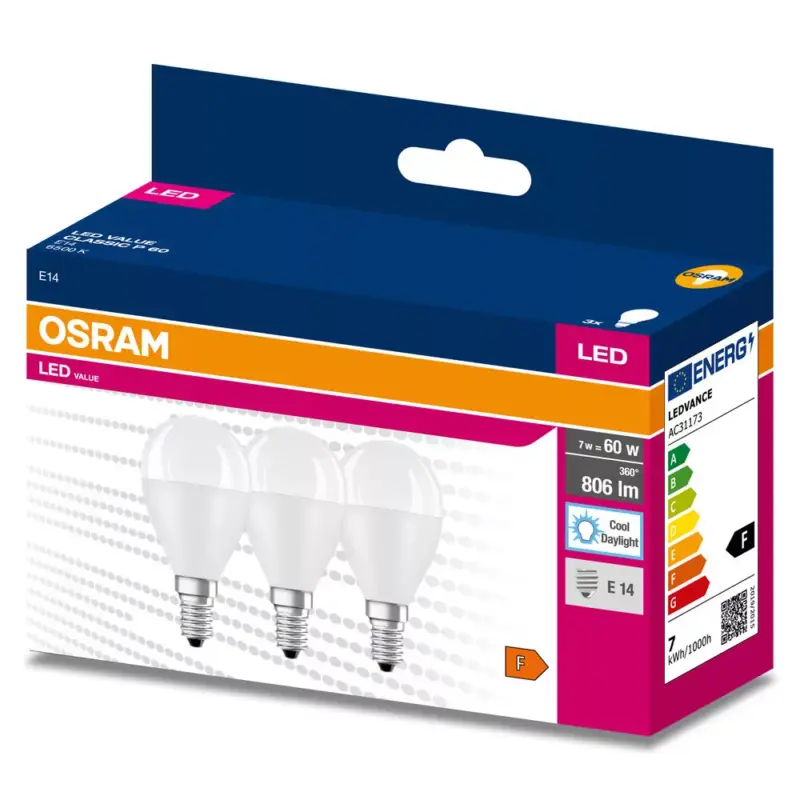 3db LED izzó Gömb E14 P45 7W = 60W 806lm 6500K Hideg 200° OSRAM érték Vedd meg most