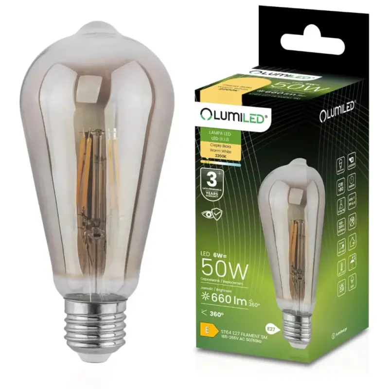 EDISON E27 ST64 LED izzó 6W = 50W 420lm 2200K 360°-os izzószál LUMILED Újdonság