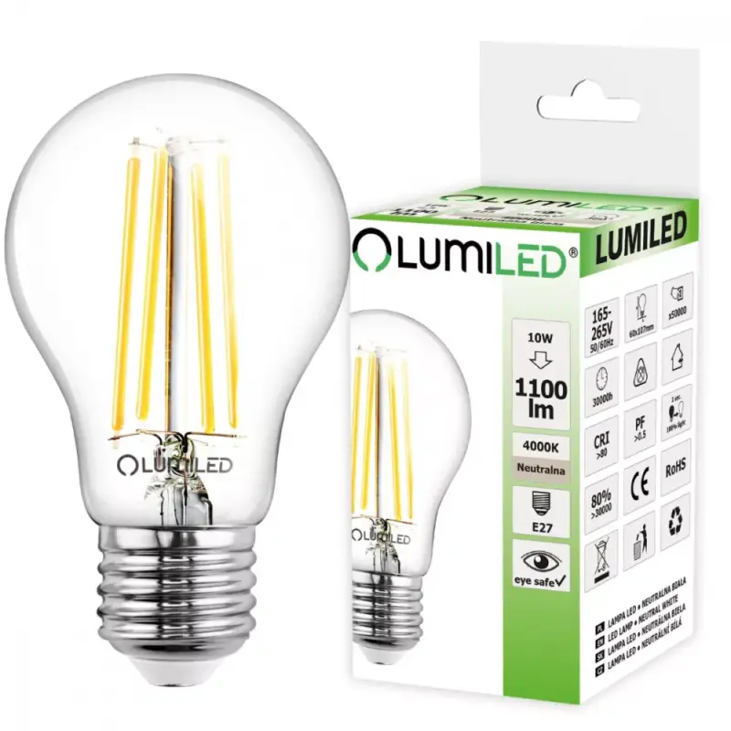 Utolsó esély E27 A60 LED izzó 10W = 75W 1100lm 4000K semleges 360°-os LUMILED izzószál