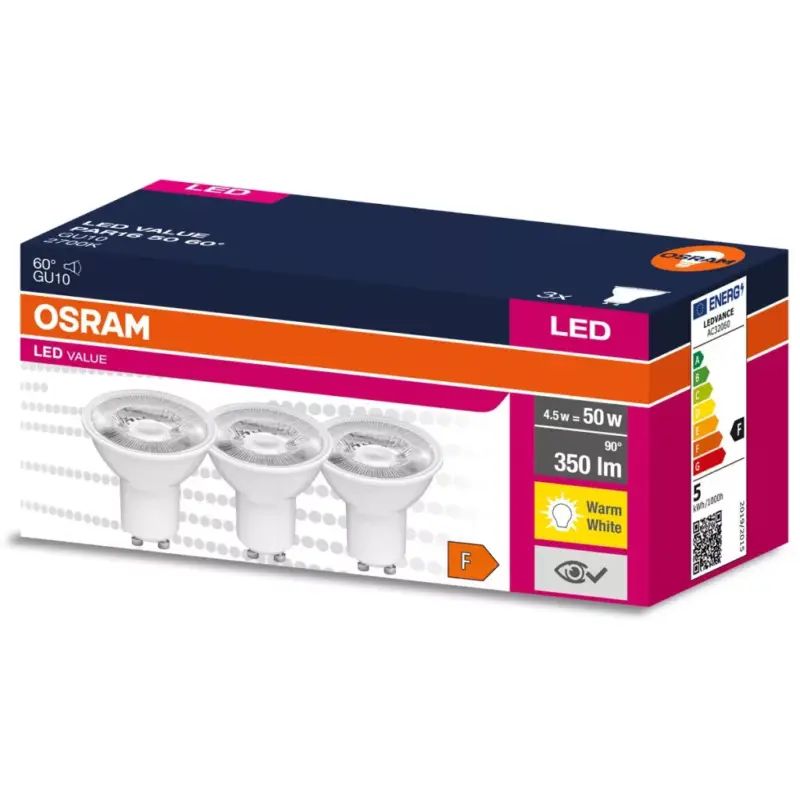 3PAK LED izzó GU10 4.5W = 50W 350lm 2700K meleg 60° OSRAM ÉRTÉK Vásárlói kedvenc