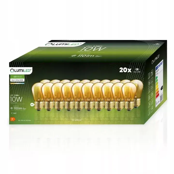 20x LED-IZZÓS IZZÓS készlet Girland E27 ST14 1,3W = 10W 2200K 110lm meleg LUMILED-hez Különleges ajánlat