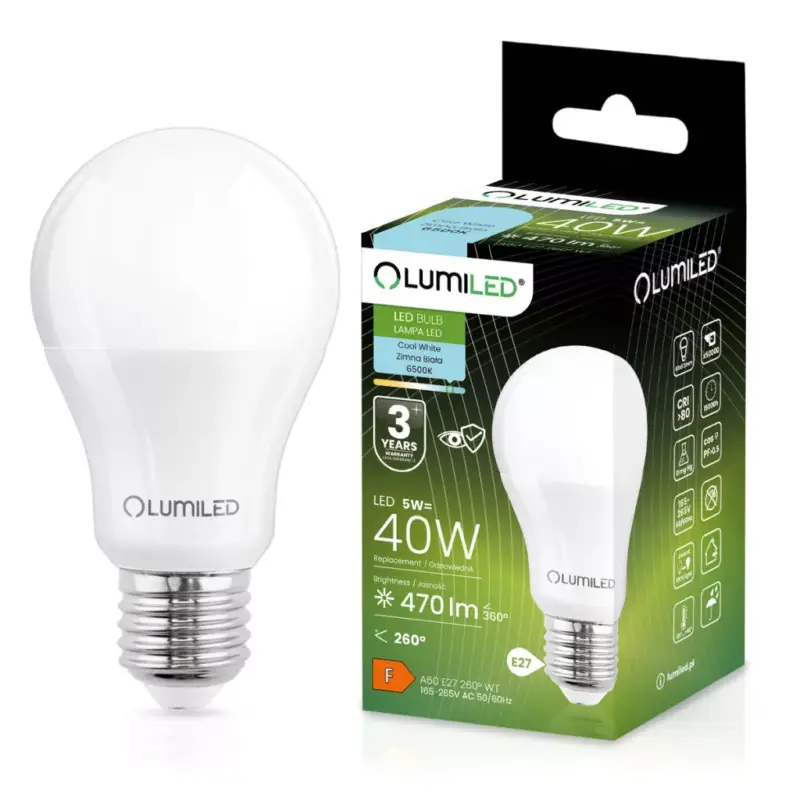 E27 A60 LED izzó 5W = 40W 470lm 6500K Hideg 260° LUMILED Biztonságos fizetés