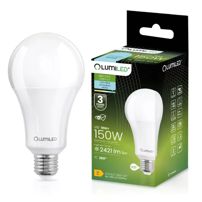 Biztonságos vásárlás E27 A70 LED izzó 18W = 150W 2421lm 6500K Hideg 260° LUMILED