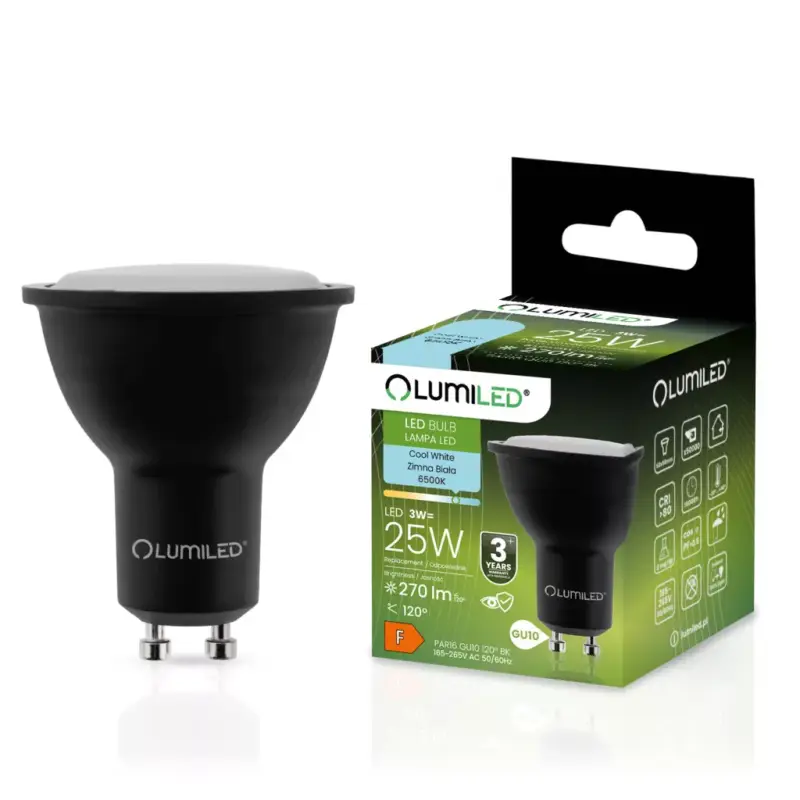Biztonságos fizetés GU10 LED izzó 3W = 25W 270lm 6500K Hideg 120° Fekete LUMILED