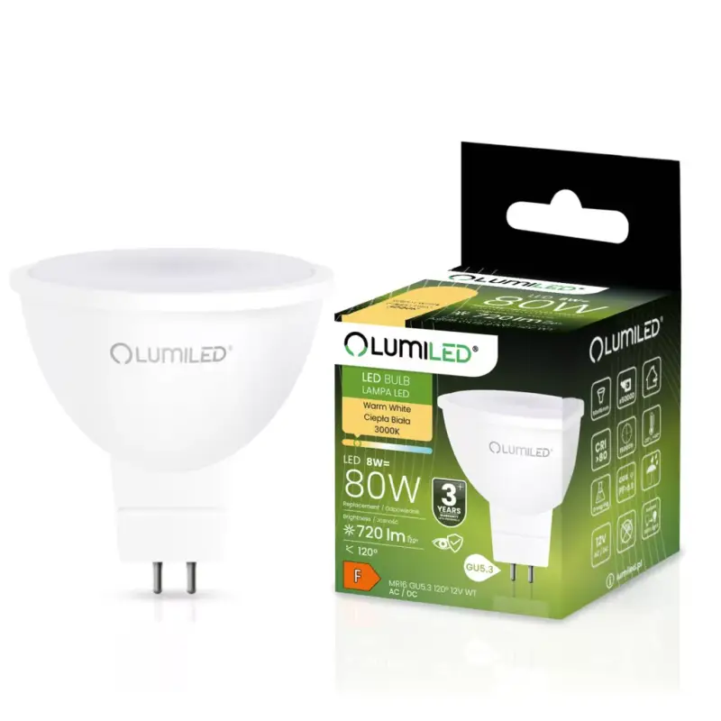 Azonnal elérhető LED izzó GU5.3 MR16 8W = 80W 720lm 3000K Meleg 120° 12V LUMILED