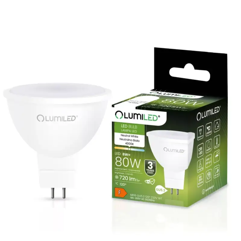 GU5.3 MR16 LED izzó 8W = 80W 720lm 4000K Semleges 120° LUMILED Prémium