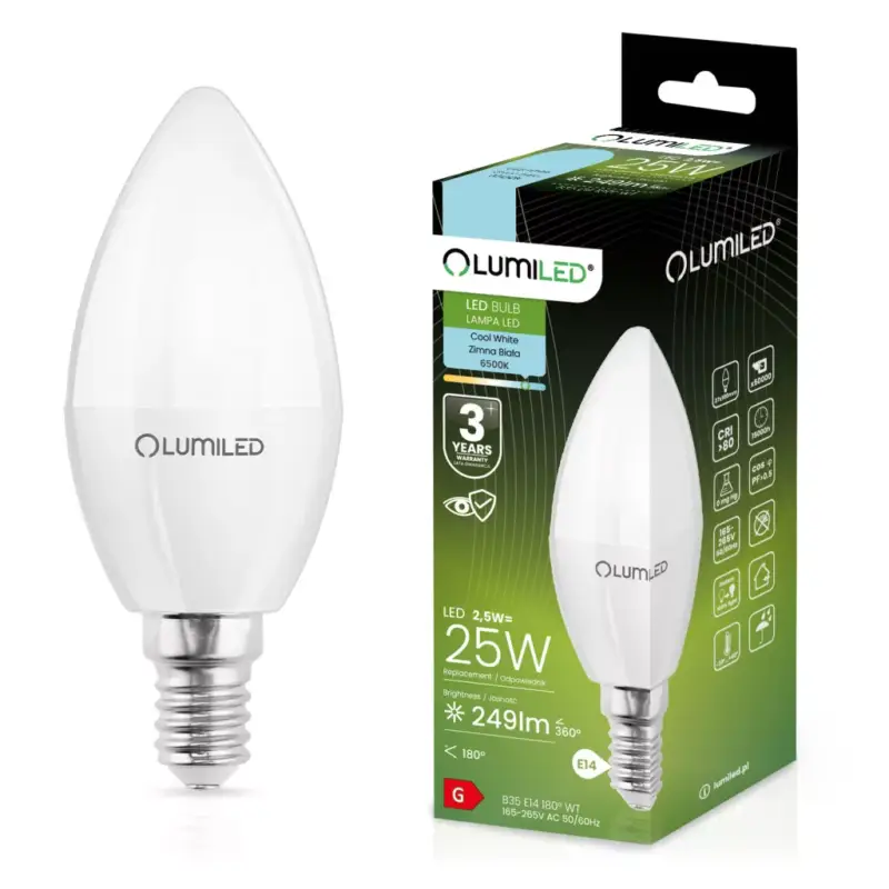 Szezonális akció LED CANDLE izzó B35 E14 2.5W = 25W 249lm 6500K Hideg 180° LUMILED