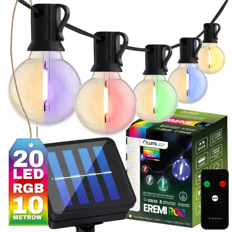 Népszerű Garden Solar Girland 20x LED Dekoratív G50 Izzók 10,6m 3000K RGB + Távirányító EREMI LUMILED