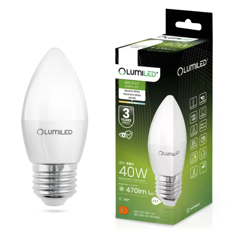 Bestseller E27 B35 LED izzó 5W = 40W 470lm 4000K Semleges 180° LUMILED