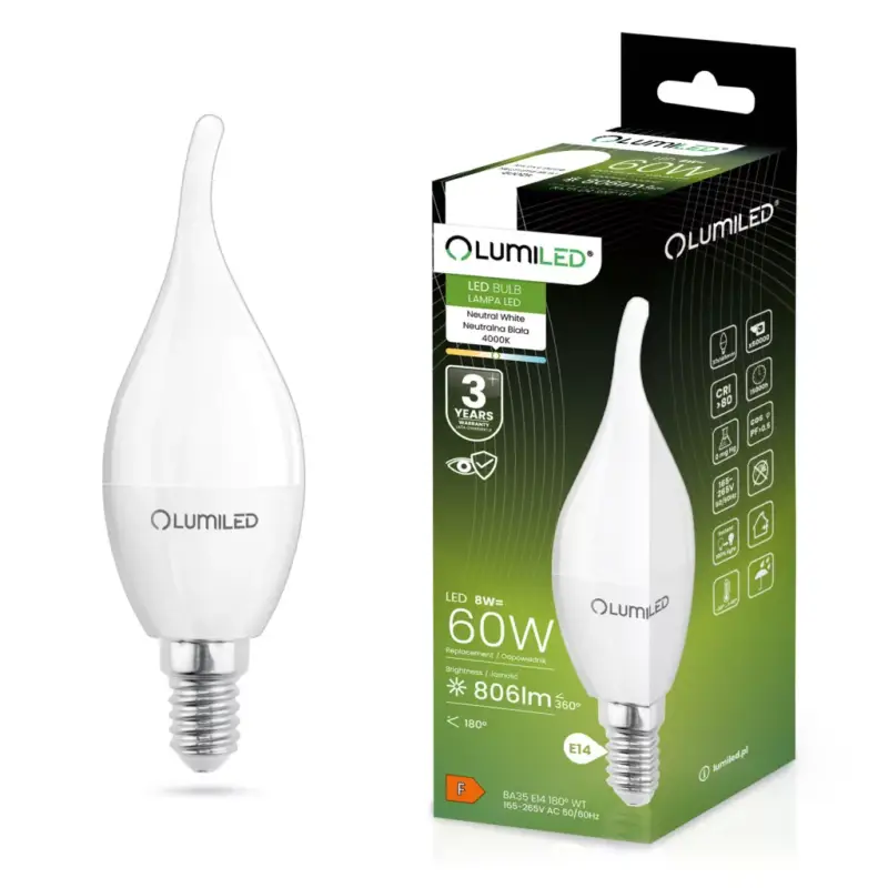 E14 BA35 LED izzó 8W = 60W 806lm 4000K Semleges 180° LUMILED Prémium