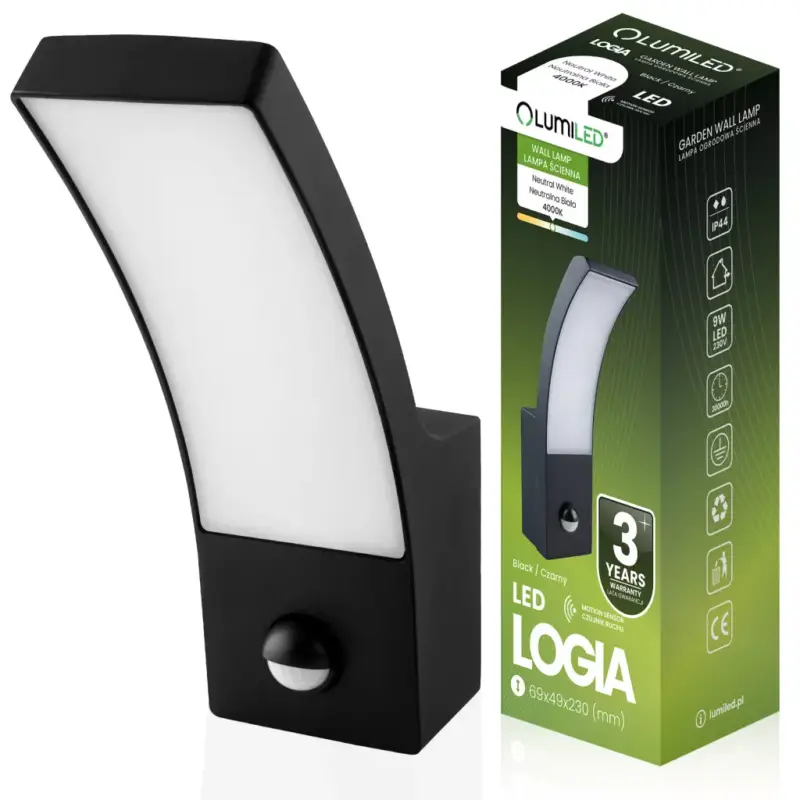 Szuper ajánlat LED kültéri fali lámpa fekete kerti fali lámpa 10W 4000K IP44 mozgásérzékelő LOGIA LUMILED
