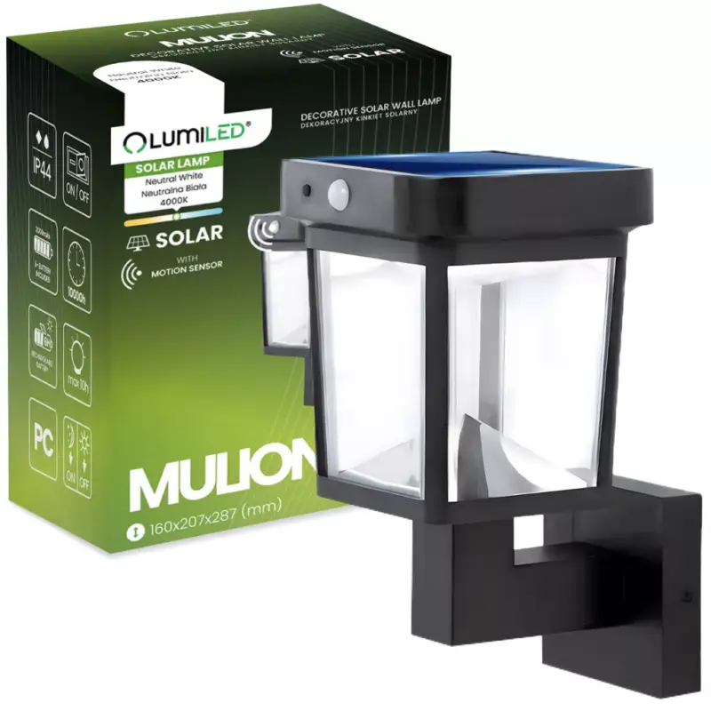 Napelemes fali lámpa LED homlokzati lámpa 4000K IP44 mozgás- és szürkületérzékelő MULION LUMILED Végkiárusítás
