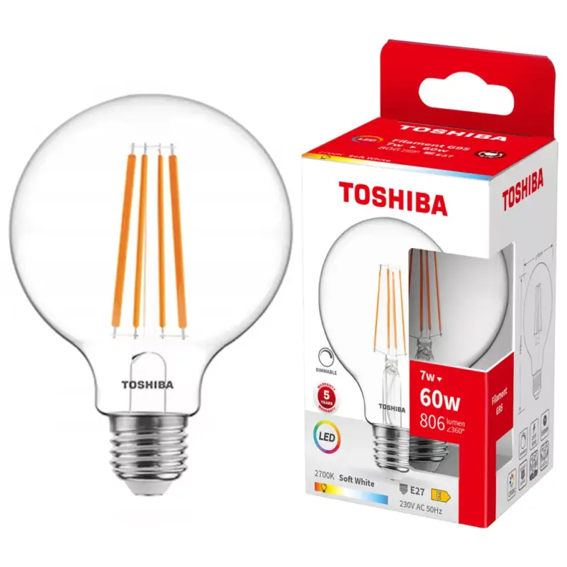 LED izzó E27 G95 7W = 60W 806lm 2700K meleg izzószál szabályozható TOSHIBA Outlet